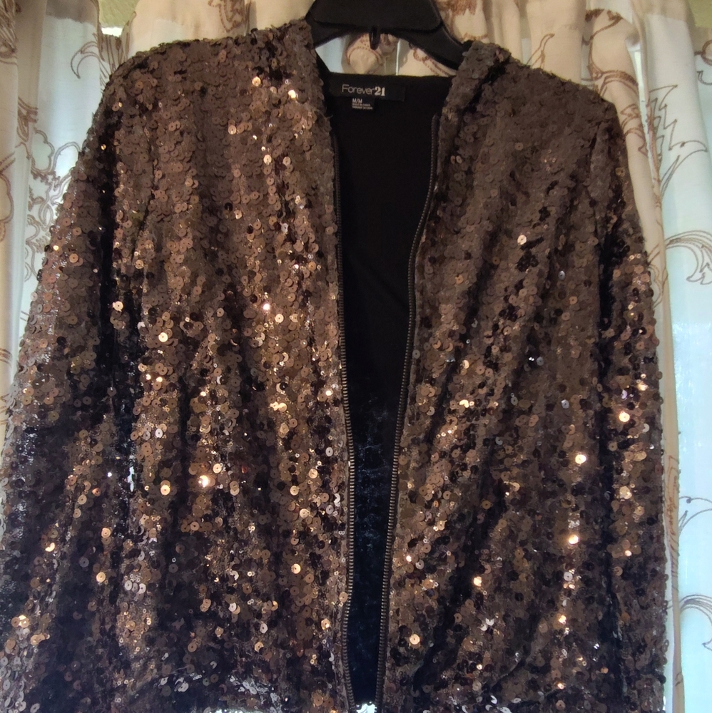 Forever 21 sequined chocolate hooded jacket size medium